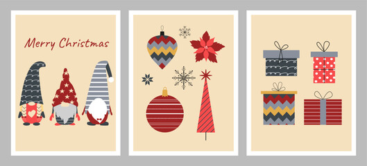 Set of Scandinavian Christmas greeting cards. Festive cute gnome, gifts, Christmas tree, glass balls and decorations, baubles, snowflakes. X-mas. New Year. Christmas festive postcard, flyer, layout.