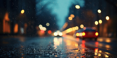 rainy city street at night, Shallow depth of field.