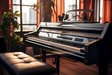 Electronic piano graces an interior room, blending into a soothing, blurred background.