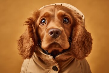 Lifestyle portrait photography of a curious cocker spaniel sniffing air wearing a sherpa coat against a soft brown background. With generative AI technology