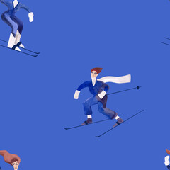 Obraz premium Watercolor seamless patern with skiers. Winter textile. Sport costume. Wrapping paper for ski resort souvenirs. Blue background