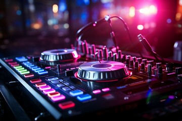 In the nightclub's vibrant atmosphere, pink DJ headphones accompany the sound mixer. - obrazy, fototapety, plakaty