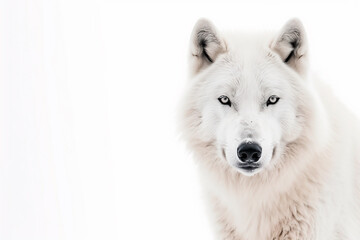 White polar wolf close-up on a white background, copy space