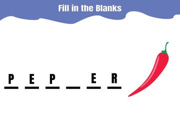 Fill in the blanks: Pepper. Educational game for kids. Printable worksheet design.