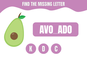 Find the missing letter. Avocado vector. Educational game for kids. Worksheet design.