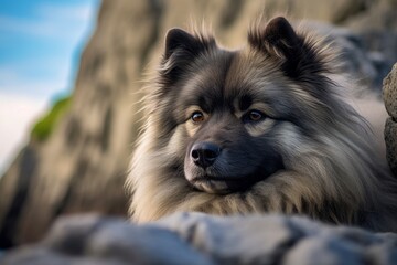 Group portrait photography of a curious keeshond cuddling wearing a shark fin against a rocky cliff background. With generative AI technology