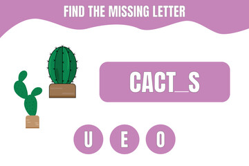 Find the missing letter. Cactus vector. Educational game for kids. Worksheet design.