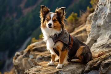 Photography in the style of pensive portraiture of a smiling papillon dog shaking off wearing a leather jacket against a rocky cliff background. With generative AI technology