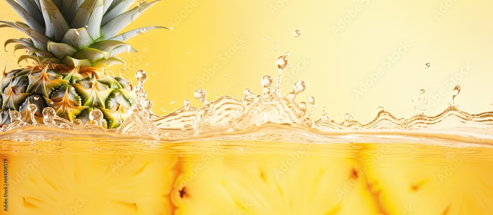 Poster closeup of fresh pineapple slices in water with bubbles vertical shot on a isolated pastel backgroun