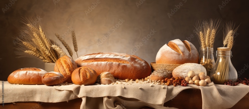 Poster bakery items alone on isolated pastel background copy space