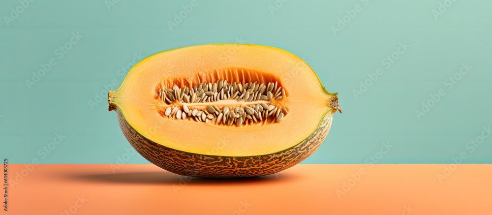 Poster close up of ripe melon with seeds on a isolated pastel background copy space