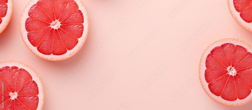 Poster close up of a sliced grapefruit on a isolated pastel background copy space