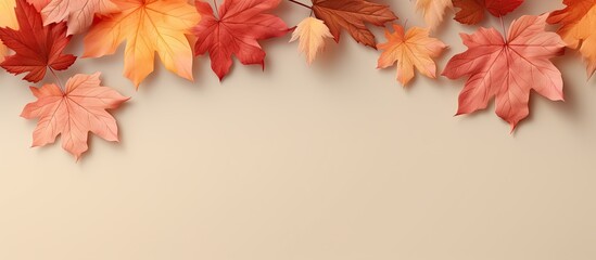 Autumn composition with maple leaves and beige fabric on a isolated pastel background Copy space Minimalist style top view