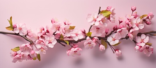 Fototapeta premium Crabapple trees blooming branches and twigs with pink buds and flowers adding joy and beauty to spring isolated pastel background Copy space