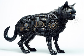 Fototapeta premium A black cat made of electronic machinery on a white background. Pet. Animals. illustration. Generative AI.