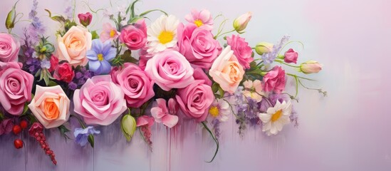 Closeup of a vibrant bouquet of red roses isolated pastel background Copy space