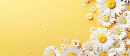 Birds eye view of a circular arrangement of daisies and dandelions on a vibrant isolated pastel background Copy space