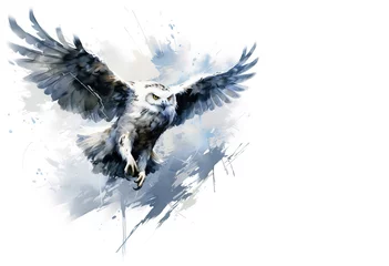 Abwaschbare Fototapete Eulen-Cartoons Image of painting snowy owl is flying on white background. Birds. Wildlife Animals. Illustration, Generative AI.