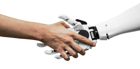 man shaking hands with a robot on a transparent background close-up of a handshake - obrazy, fototapety, plakaty