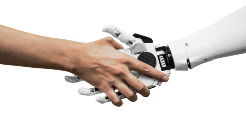 man shaking hands with a robot on a transparent background close-up of a handshake