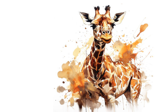 Image of painting giraffe on white background. Wildlife Animals. Illustration, Generative AI.