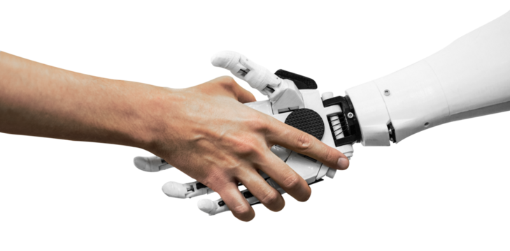 man shaking hands with a robot on a transparent background close-up of a handshake
