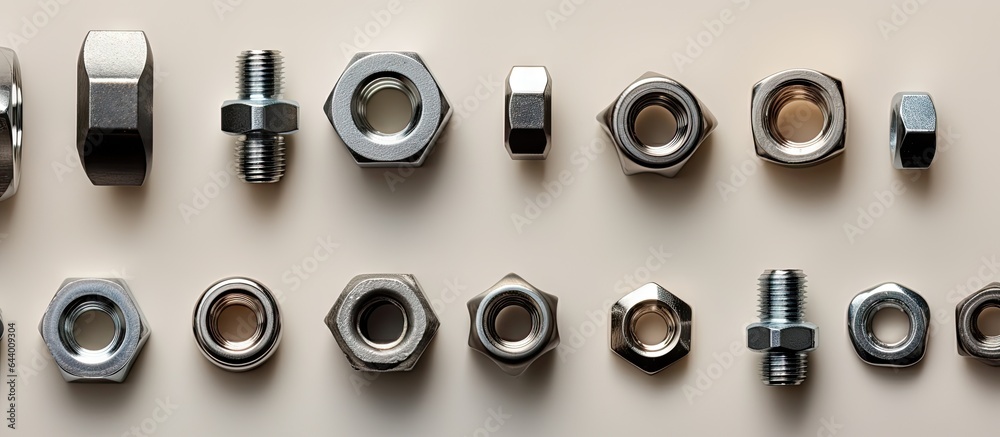 Poster different sized metal nuts set against isolated pastel background copy space