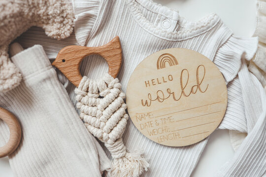 Fashion accessories for newborns, the inscription: hello world, a knitted toy and a holder top view