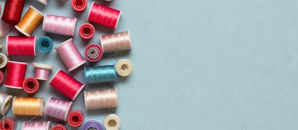 Poster Different colored pins for sewing along with thread and a thimble against a isolated pastel background Copy space