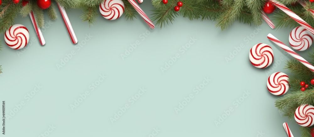 Aufkleber Candy canes pine branches and balls on a isolated pastel background Copy space create a sugary frame