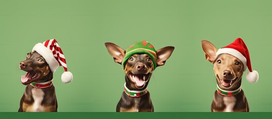 Dog in elf hat isolated pastel background Copy space
