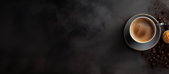 A dark photograph featuring a quote concept with coffee cup on a isolated pastel background Copy space