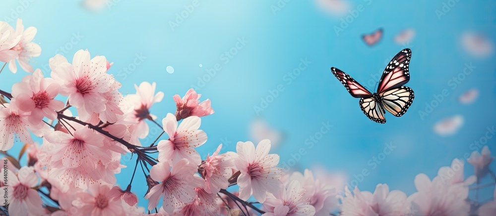 Poster flying insect and plant isolated pastel background copy space