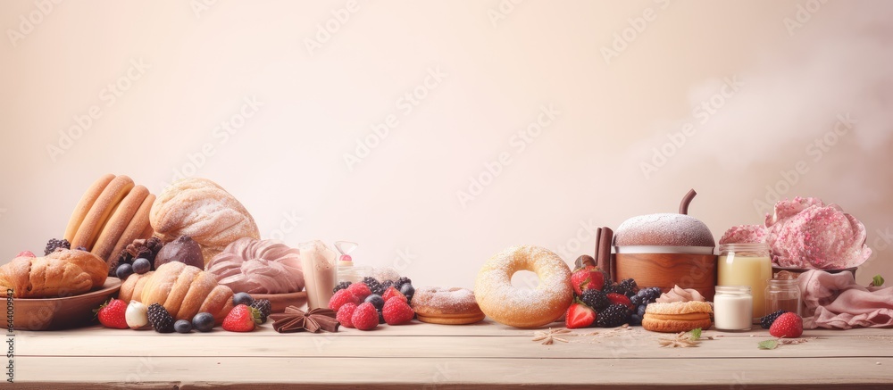 Poster ingredients and methods used in making pastries isolated pastel background copy space