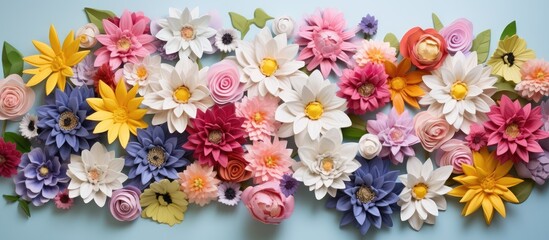 Colorful artificial flowers that are close together isolated pastel background Copy space