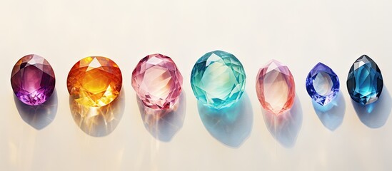a collection of big shiny gems on a isolated pastel background Copy space