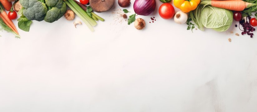 Fresh raw vegetables from a box viewed from the top isolated pastel background Copy space