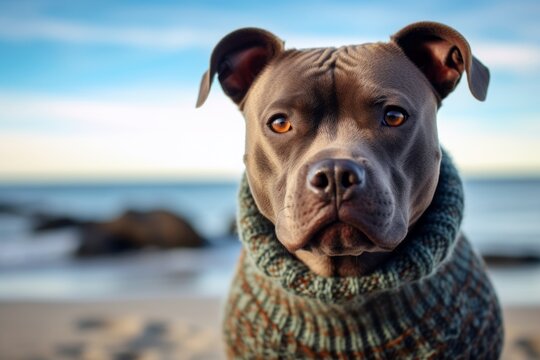 Headshot portrait photography of a smiling staffordshire bull terrier wandering wearing a cashmere sweater against a beautiful lagoon background. With generative AI technology
