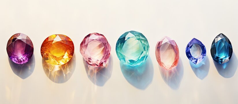 a collection of big shiny gems on a isolated pastel background Copy space