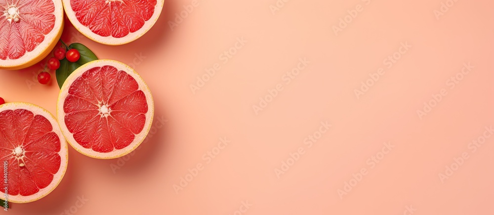 Poster close up of a sliced grapefruit on a isolated pastel background copy space