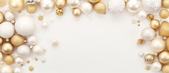 Gold and white Christmas decorations and frame mock up with New Years Christmas balls Winter holiday concept Flat lay with copy space isolated pastel background Copy space