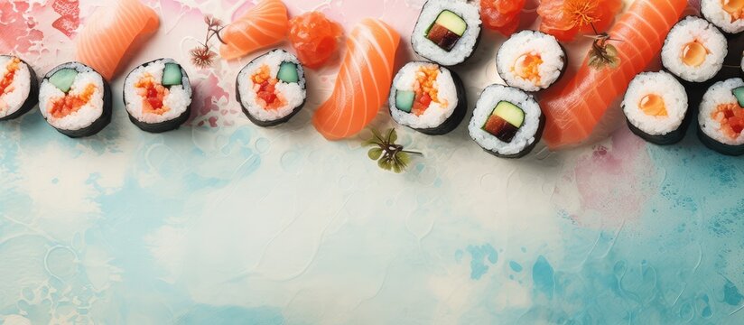 Japanese sushi rolls with tobico isolated pastel background Copy space