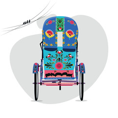Colorful rickshaw backside illustration. Bangladeshi Rickshaw art. Tri cycle of Dhaka city. Local vehicle.
