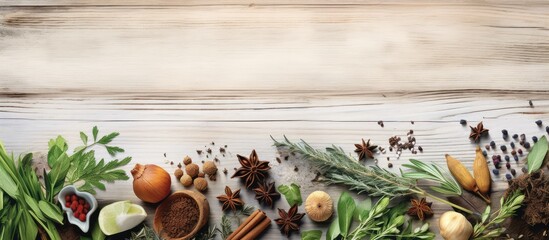 herbs and spices on isolated pastel background Copy space