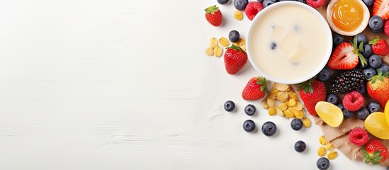 Bowl of corn flakes and berries on a isolated pastel background Copy space