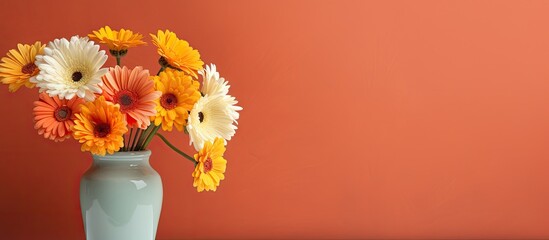 Brightly arranged daisies in an orange vase isolated pastel background Copy space