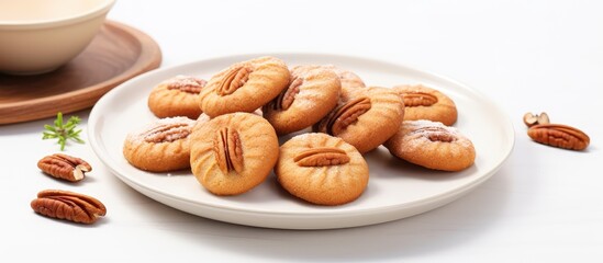 A white plate displaying traditional Pecan cinnamon cookies in a close up shot isolated pastel background Copy space