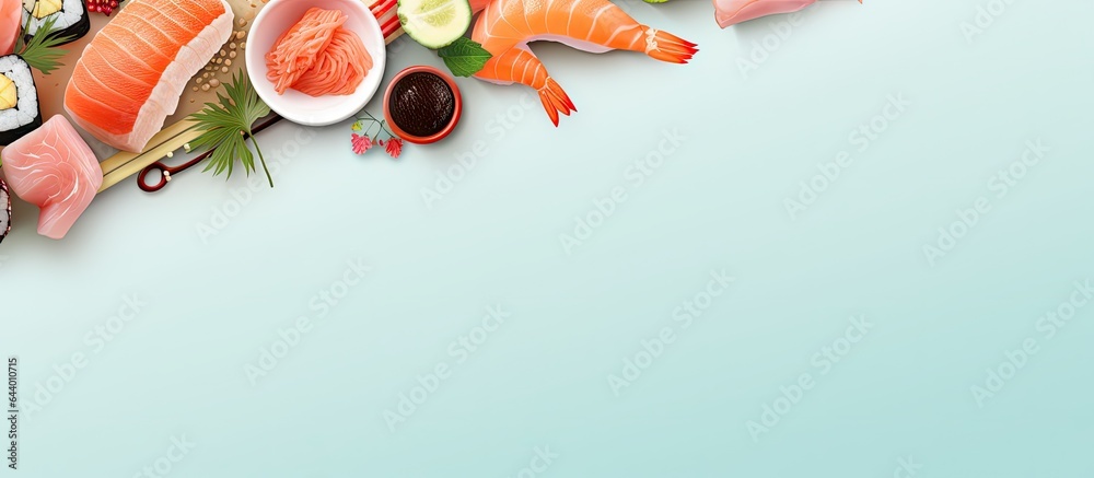 Aufkleber different types of sushi and sashimi against a isolated pastel background copy space