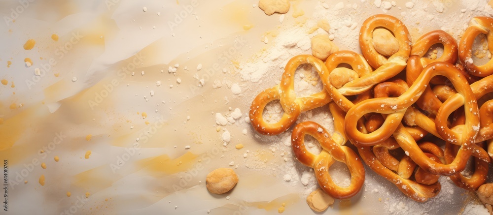 Poster closeup selective focus on table with salted breadsticks and pretzels isolated pastel background cop