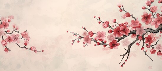 Japanese cherry blossom branch illustration with red decorative elements in ink painting isolated pastel background Copy space